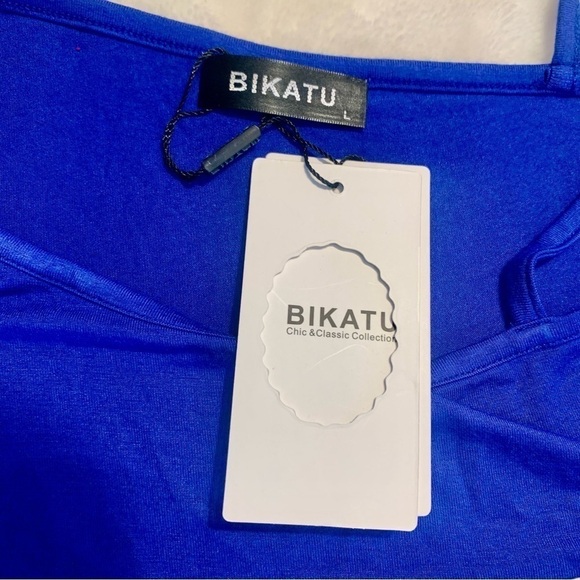 NWT Mini Dress Large Bikatu Royal Blue Animal Panel Asymmetrical Shoulders - Picture 10 of 14